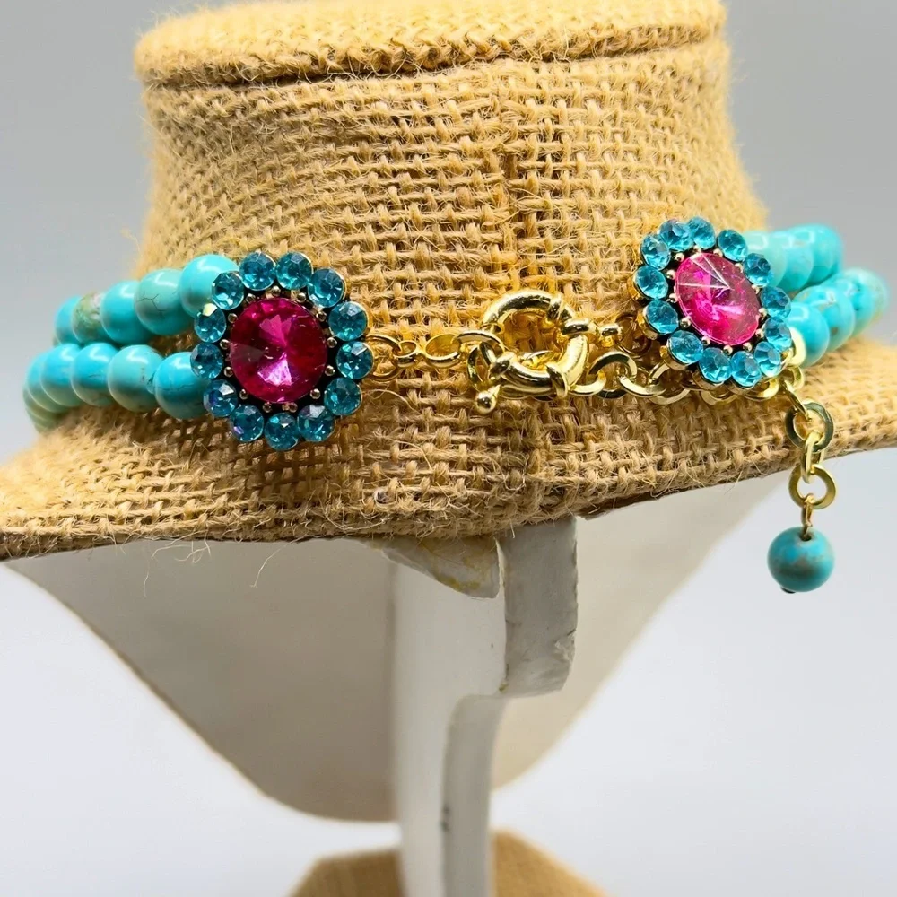 Elephant Teal Turquoise Stone and Jewel Statement Necklace 12”